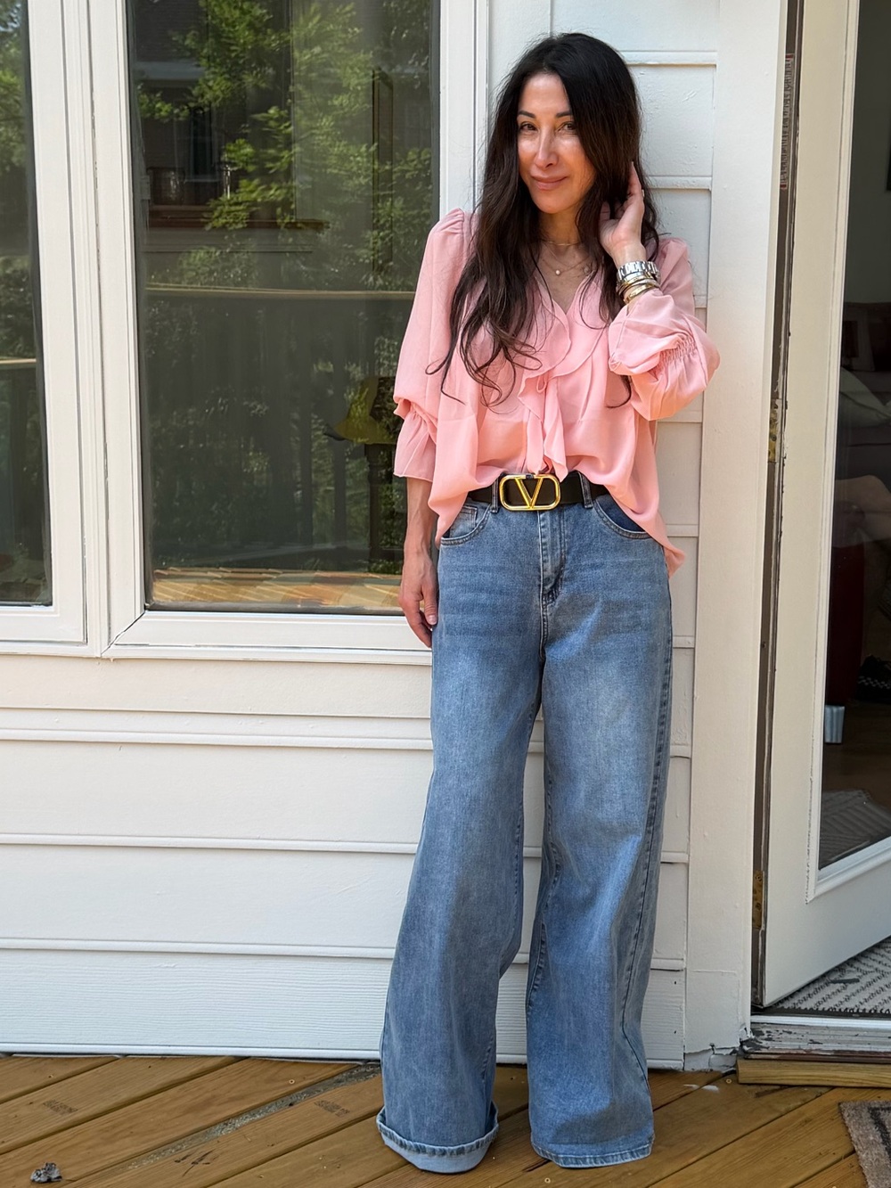 FROM PARIS FRANCE 🇫🇷 Women's Pink Ruffle Blouse - Elegant V-Neck Top